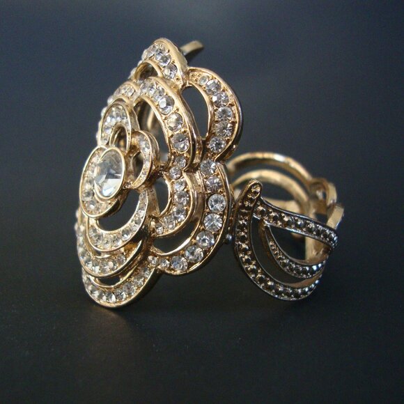 Vintage Gold Tone Clear Crystal Gemstone Hinged Cuff Bracelet - Picture 5 of 9